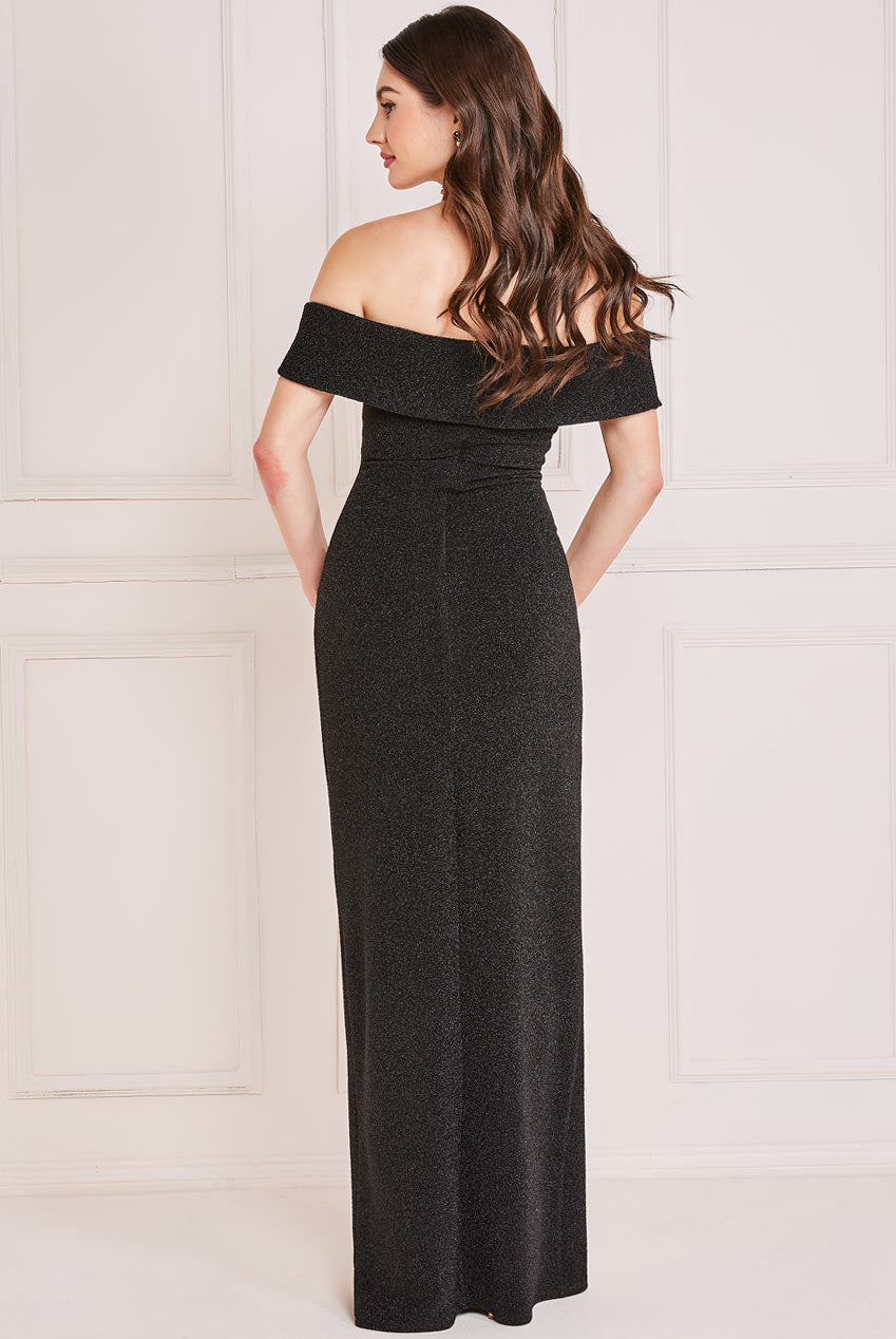 Lurex Bardot Maxi Dress With Waterfall Ruffle DR3998