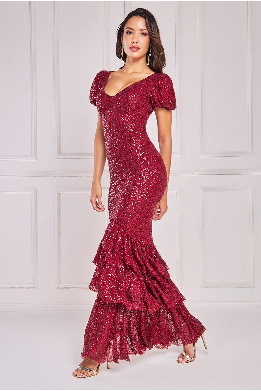 Puff Sleeve Tiered Hem Maxi Dress DR4022
