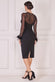 Racer Neck Scuba Crepe Midi Dress With Feather Trimmed Mesh Sleeve DR4060