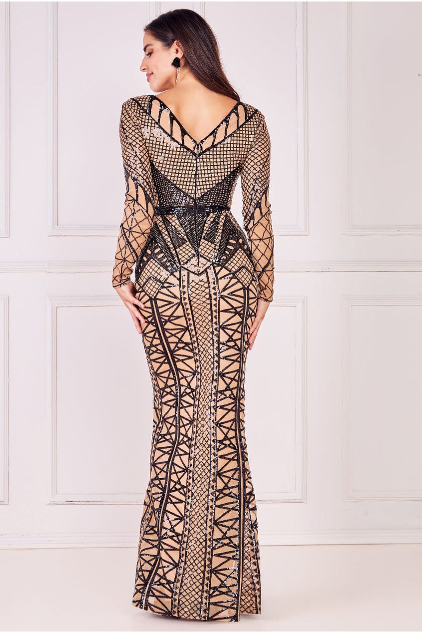 Geometric Sequin Plunge Maxi Dress DR4081