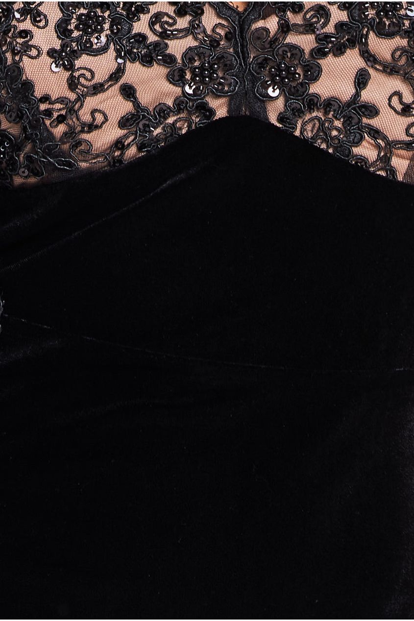 Scallop Pearl Lace & Velvet Midi Dress DR4112