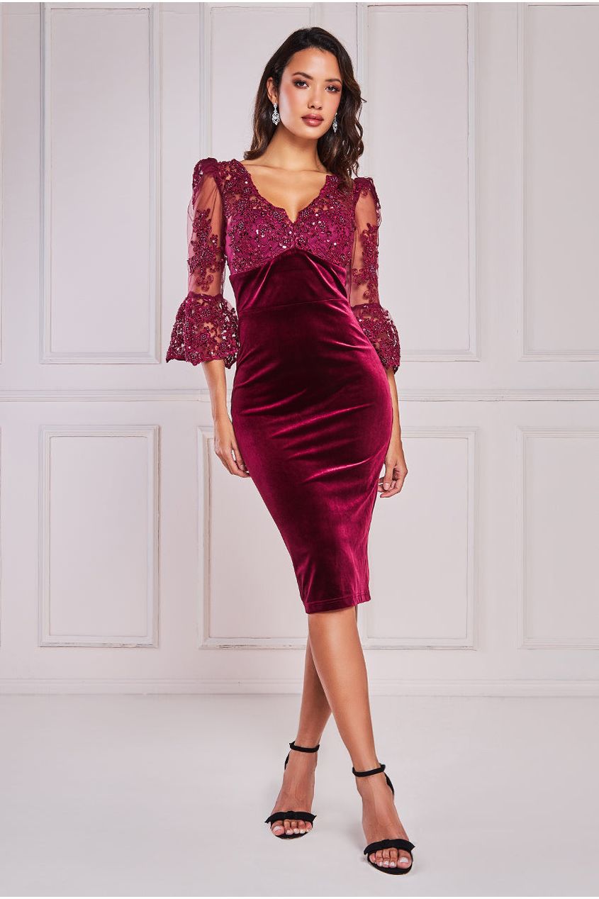 Scallop Pearl Lace & Velvet Midi Dress DR4112