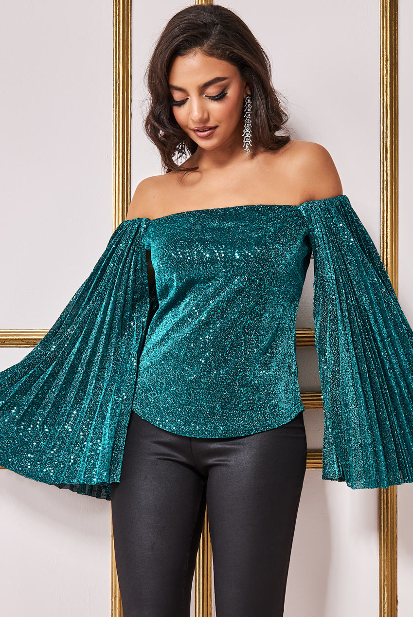 Patterned Sequin Lurex Off Shoulder Pleated Flare Sleeve Top T205