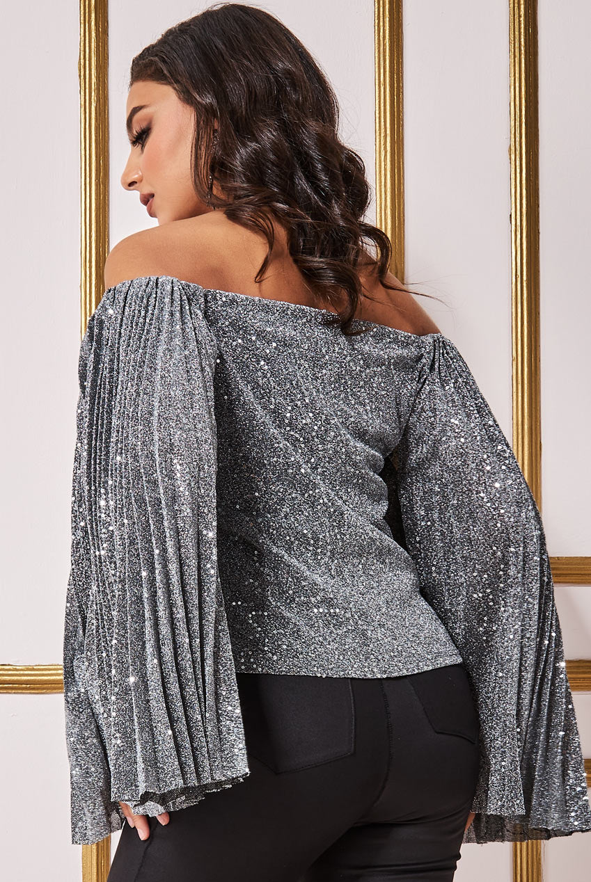 Patterned Sequin Lurex Off Shoulder Pleated Flare Sleeve Top T205