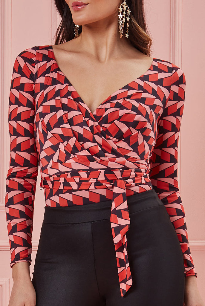 Wholesale Geoprint Long Sleeve Wrap Bodysuit – City Goddess