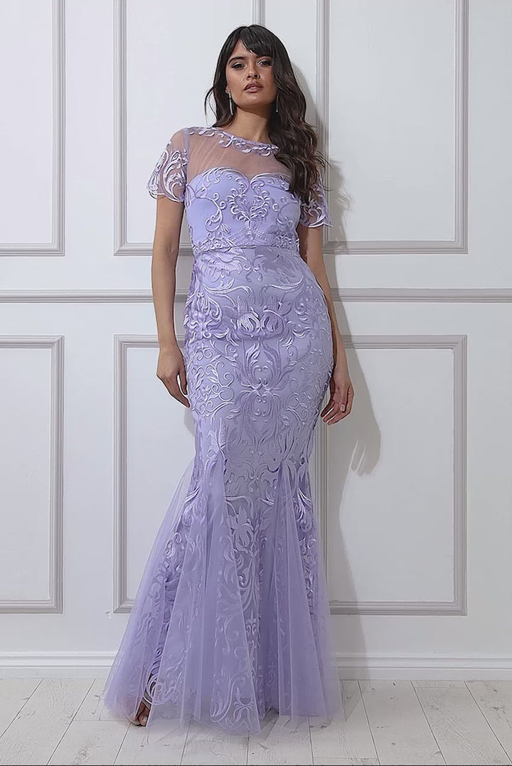 Embroidered Mesh & Lace Maxi With Scalloped Hem DR3253