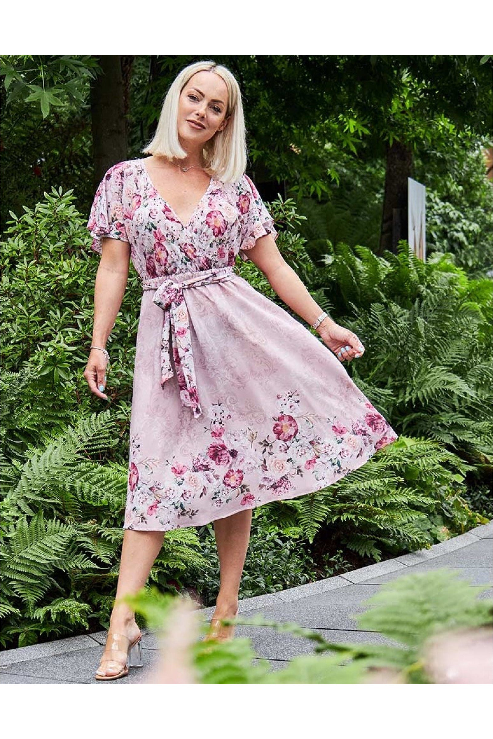 Wrap Style Floral Midi Dress With Flutter Sleeves DR3242