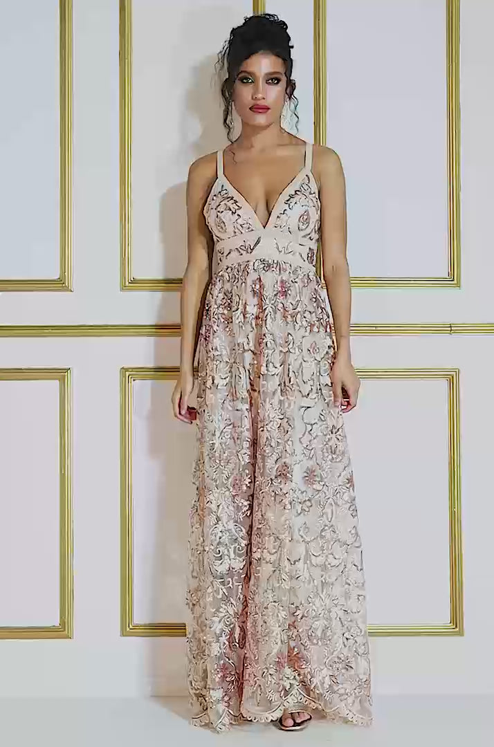 Open Back Sequin & Mesh Maxi Dress DR3213
