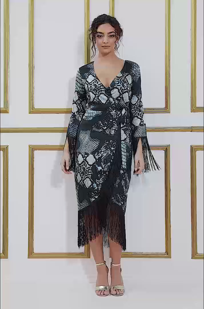 Foil Print Wrap Midi With Tassels DR3699