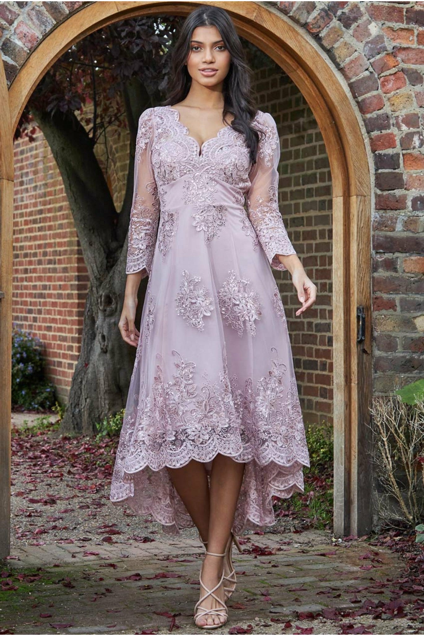 Scalloped Lace High Low Midi Dress DR3410