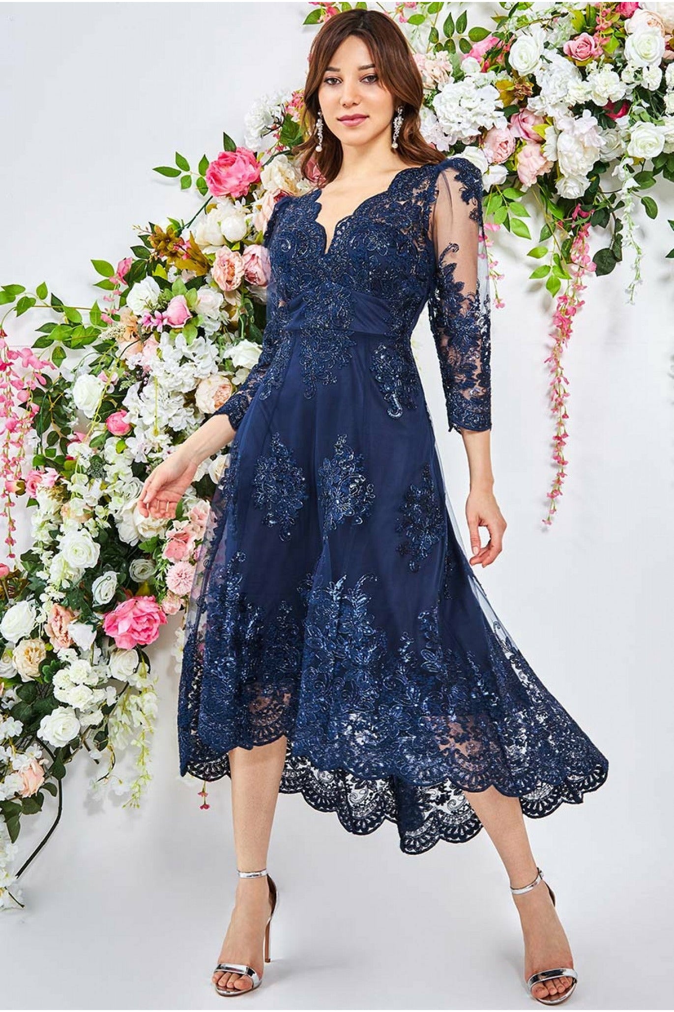 Scalloped Lace High Low Midi Dress DR3410